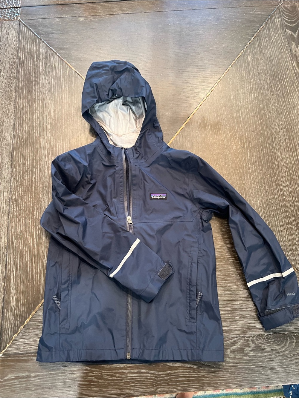 Patagonia Kids Navy Hooded Rain Jacket with Reflective Trim